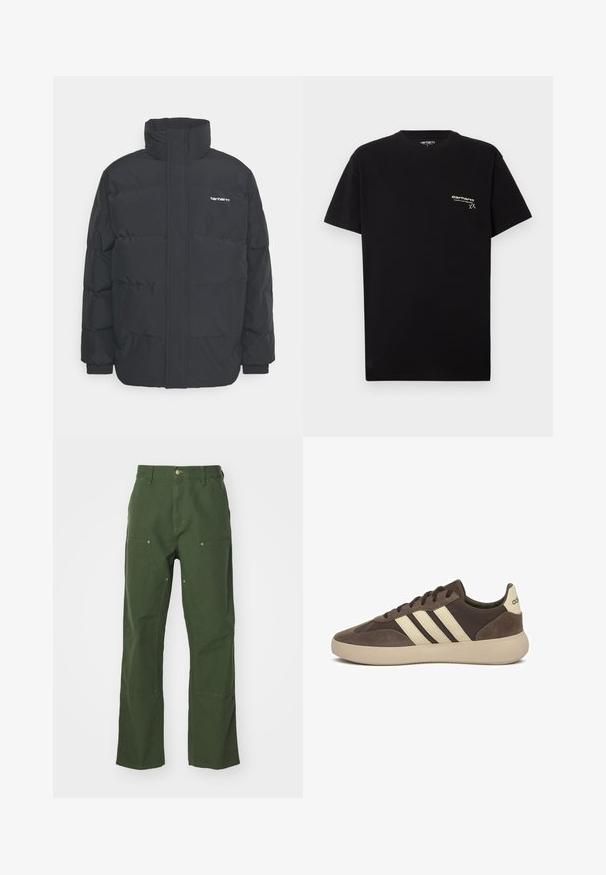 Zwarte pufferjas met een hoge kraag, rits aan de voorkant en elastische manchetten. Bevat een zak en een klein logo op de borst. Getextureerd oppervlak.; Zwarte katoenen T-shirt met korte mouwen, ronde hals en een klein wit logo gedrukt op de linkerkant van de borst.; Groene katoenen broek met een rechte pijpontwerp, voorzien van voor- en achterzakken, goudkleurige hardware en verstevigde kniestukken.; Bruine suède sneaker met drie witte strepen, afgeronde neus, dikke rubberen zool en minimale branding op de hiel.