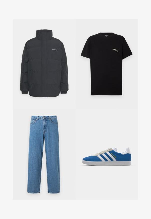 Musta puhvijaakku korkealla kauluksella, vetoketjukiinnitys edessä ja joustavat hihansuut. Varustettu taskulla ja pienellä logolla rintakehässä. Rakeinen pinta.; Mustaa puuvillapaitaa lyhythihaisilla, pyöreällä kaula-aukolla ja pienellä valkoisella logolla vasemmassa rinta-alueessa.; Vaaleansiniset farkut suoran leikkuun, korkealla vyötäröllä ja viiden taskun suunnittelulla. Varustettu napilla ja vetoketjulla, näkyviä ompeleita.; adidas Originals ADIDAS GAZELLE SHOES - Sisäjalkapallokengät - real madrid/bluebird/footwear white/crew yellow