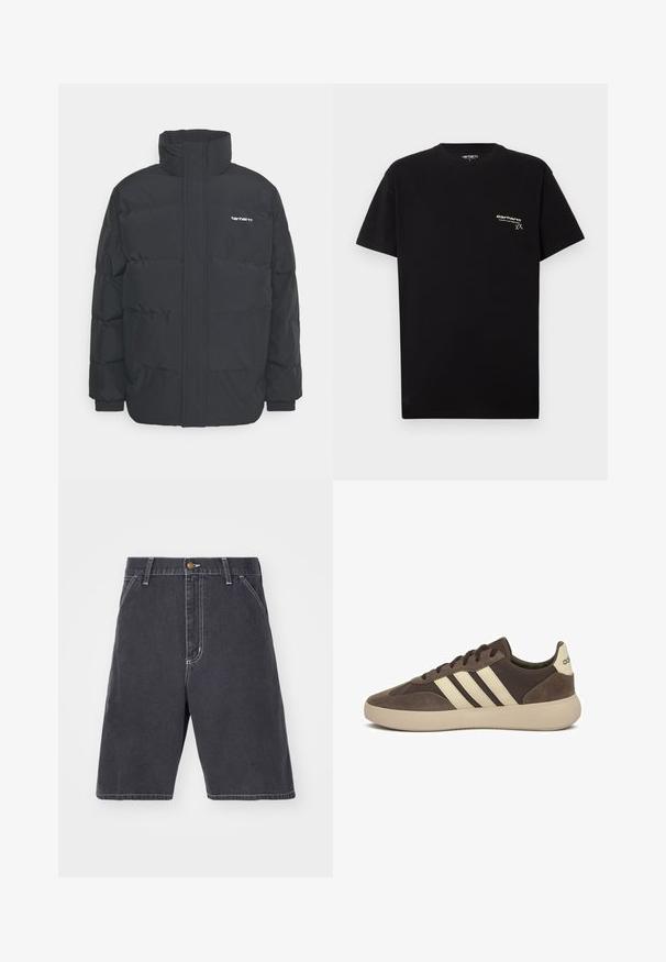 Schwarze Daunenjacke mit hohem Kragen, Reißverschluss vorne und elastischen Bündchen. Verfügt über eine Tasche und ein kleines Logo auf der Brust. Strukturiert Oberfläche.; Schwarzes Baumwoll-T-Shirt mit kurzen Ärmeln, rundem Ausschnitt und einem kleinen weißen Logo auf der linken Brustseite.; Dunkelgraue Denim-Shorts mit lockerer Passform, die einen Knopfverschluss, Gürtelschlaufen und dezente weiße Nähte aufweisen. Keine sichtbaren Taschen.; Brauner Wildledersneaker mit drei weißen Streifen, abgerundetem Zehenbereich, dicker Gummisohle und minimaler Markenkennzeichnung an der Ferse.