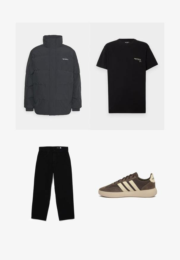 Black puffer jacket with a high collar, zip front, and elastic cuffs. Features a pocket and a small logo on the chest. Textured surface.; Black cotton T-shirt with short sleeves, round neckline, and a small white logo printed on the left chest area.; Black denim straight-leg jeans with a button closure, five pockets, and a smooth texture. Tag visible inside waistband showing size 32.; Brown suede sneaker with three white stripes, rounded toe, thick rubber sole, and minimal branding on the heel.