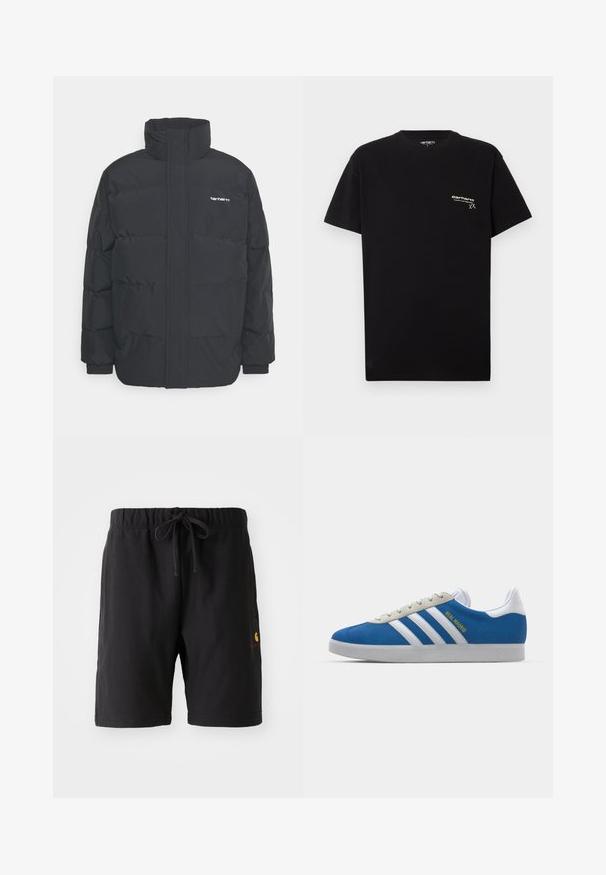 Musta puhvijaakku korkealla kauluksella, vetoketjukiinnitys edessä ja joustavat hihansuut. Varustettu taskulla ja pienellä logolla rintakehässä. Rakeinen pinta.; Mustaa puuvillapaitaa lyhythihaisilla, pyöreällä kaula-aukolla ja pienellä valkoisella logolla vasemmassa rinta-alueessa.; Mustat shortsit joustavalla vyötärölinjalla ja narulla. Sisältää sivutaskun ja pienen punaisena ja keltaisena olevan logon vasemmassa alakulmassa.; adidas Originals ADIDAS GAZELLE SHOES - Sisäjalkapallokengät - real madrid/bluebird/footwear white/crew yellow