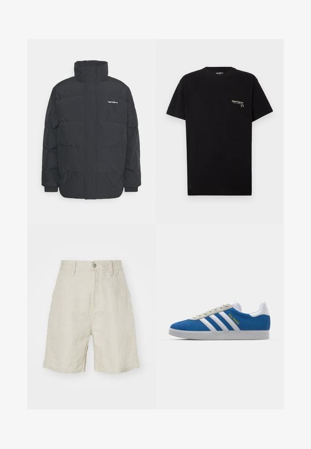 Schwarze Daunenjacke mit hohem Kragen, Reißverschluss vorne und elastischen Bündchen. Verfügt über eine Tasche und ein kleines Logo auf der Brust. Strukturiert Oberfläche.; Schwarzes Baumwoll-T-Shirt mit kurzen Ärmeln, rundem Ausschnitt und einem kleinen weißen Logo auf der linken Brustseite.; Leinen-Shorts in hellem Beige mit hoher Taille, Knopfverschluss und seitlichen Taschen. Sanfte Textur mit lockerer Passform.; adidas Originals ADIDAS GAZELLE SHOES - Indoor-Fußballschuhe - real madrid/bluebird/footwear white/crew yellow