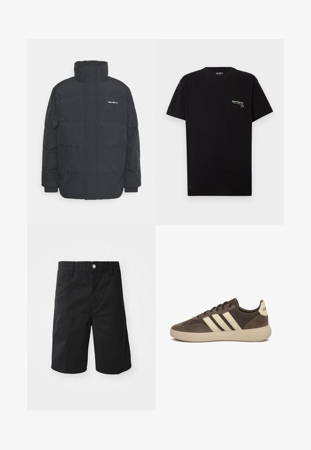 Schwarze Daunenjacke mit hohem Kragen, Reißverschluss vorne und elastischen Bündchen. Verfügt über eine Tasche und ein kleines Logo auf der Brust. Strukturiert Oberfläche.; Schwarzes Baumwoll-T-Shirt mit kurzen Ärmeln, rundem Ausschnitt und einem kleinen weißen Logo auf der linken Brustseite.; Schwarze Baumwollshorts mit geradem Schnitt, Gürtelschlaufen, einem Metallknopfverschluss und ohne sichtbare Muster oder Akzente.; Brauner Wildledersneaker mit drei weißen Streifen, abgerundetem Zehenbereich, dicker Gummisohle und minimaler Markenkennzeichnung an der Ferse.