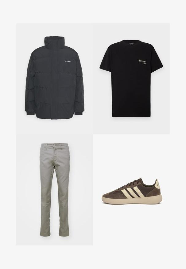 Giacca puffa nera con colletto alto, chiusura con zip frontale e polsini elastici. Presenta una tasca e un piccolo logo sul petto. Superficie testurizzata.; T-shirt di cotone nero con maniche corte, scollatura rotonda e un piccolo logo bianco stampato sulla zona sinistra del petto.; Carhartt WIP SID PANT - Pantaloni - misty grey; Sneaker in camoscio marrone con tre strisce bianche, punta arrotondata, suola spessa in gomma e marchio minimo sul tallone.