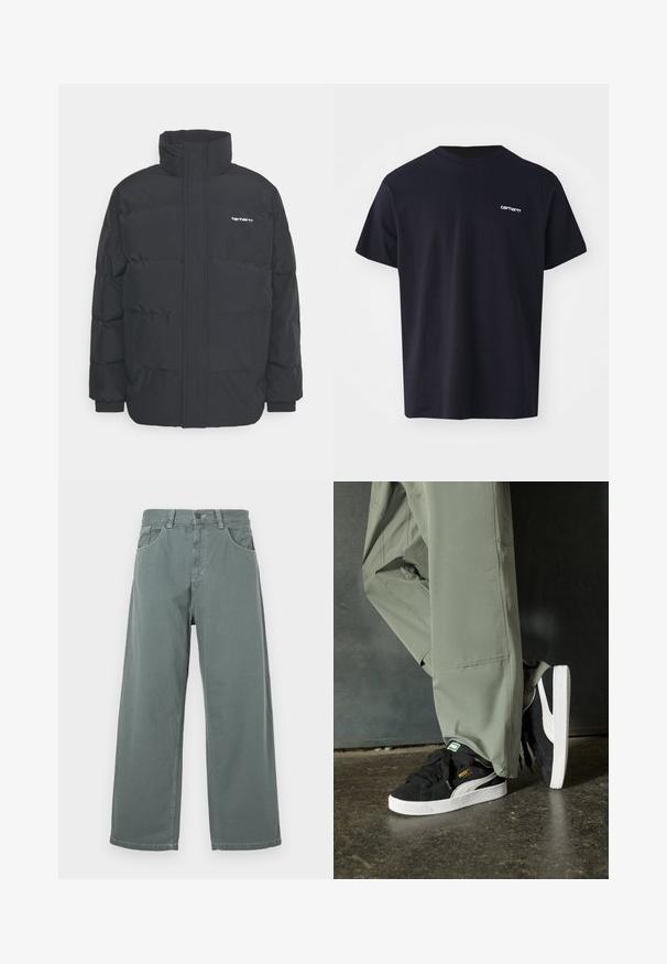 Mustam varrukas jope kõrge kaelusega, vipptõmblusega ja elastsete mansettidega. Omaduseks on tasku ja väike logo rinnal. Tekstuuritud pind.; Must hetkeliste varrukatega must puuvillane T-särk, ümmarguse kaelusega ja peene valge logoga vasakul rinnal. Sile tekstuur, standardne lõige.; Laiad püksid tuhmrohelisest puuvillast, klassikalise vöökoha, vöörihmade, eesolevate taskute ja kontrastsete õmblusdetailidega.; Mustad nubukist spordijalatsid valgete kummist tallade ja külgriidega, koos heleda rohelise cargo-pükstega, seistes tekstureeritud tumedal pinnasel.