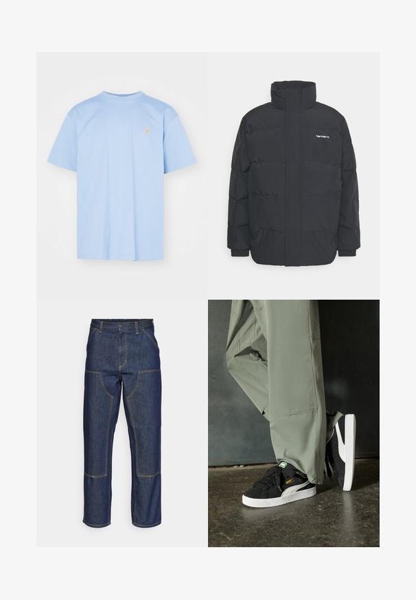 Black puffer jacket with a high collar, zip front, and elastic cuffs. Features a pocket and a small logo on the chest. Textured surface.; Light blue cotton t-shirt with short sleeves, round neckline, and small embroidered logo in orange on the chest. Simple, unadorned design.; Dark blue denim jeans with a high waist, straight leg design, contrasting stitching, and patch pockets on the front.; Black suede sneakers with white rubber soles and side stripes, paired with light green cargo pants, standing on a textured dark surface.