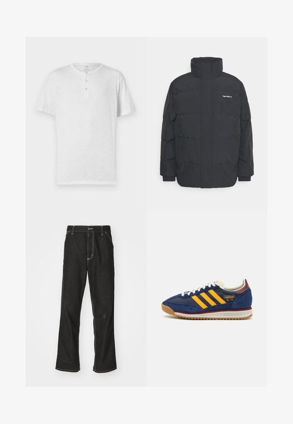 Casaco acolchoado preto com colarinho alto, fecho de correr à frente e punhos elásticos. Apresenta um bolso e um pequeno logótipo no peito. Superfície texturada.; T-shirt henley branca de manga curta com placket de três botões, feita de tecido leve e ligeiramente texturizado. Decote redondo, ajuste casual.; Calças de ganga pretas de corte largo, com costuras brancas em contraste, fecho de botão e design de perna reta.; Sneaker de camurça azul-marinho com riscas amarelas, atacadores brancos e realces em bordeaux. Sola texturizada com relevos para aderência. Logótipo da marca de lado.