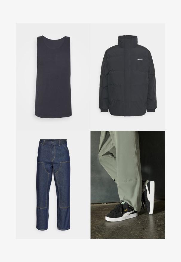 Jachetă puf black cu un guler înalt, închidere cu fermoar frontal și manșete elastice. Are un buzunar și un mic logo pe piept. Suprafață texturată.; Top negru fără mâneci, cu decolteu rotund, realizat dintr-un material neted, care prezintă o textură subtilă și o tivă ondulată în partea de jos.; Jeans din denim albastru închis cu talie înaltă, design cu picior drept, cusături contrastante și buzunare cu clapă în față.; Adidași negri din piele întoarsă cu tălpi din cauciuc alb și dungi pe lateral, asortați cu pantaloni cargo verzi deschis, stând pe o suprafață texturată întunecată.