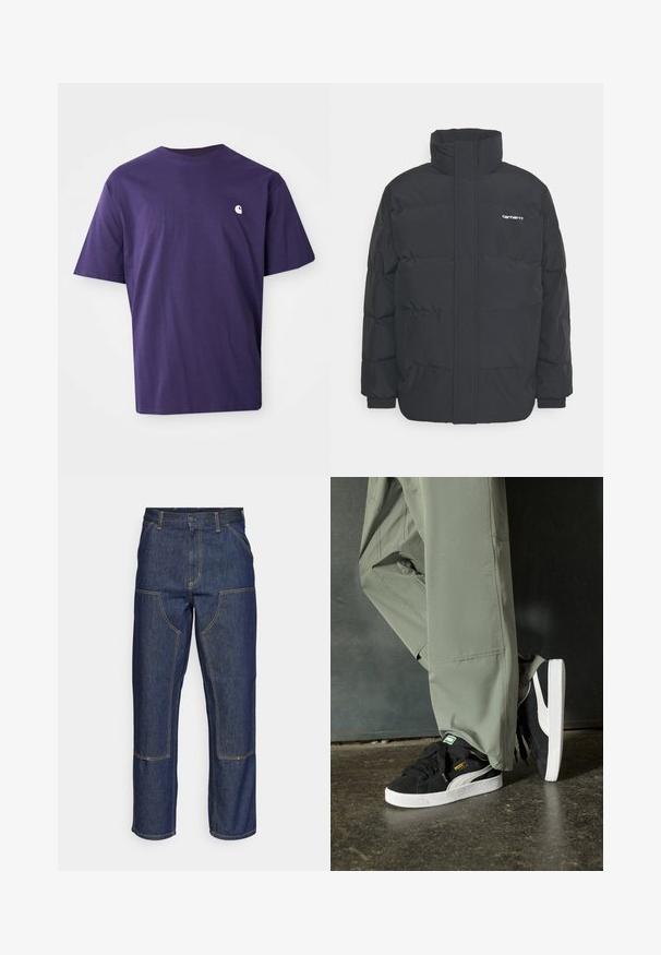 Jachetă puf black cu un guler înalt, închidere cu fermoar frontal și manșete elastice. Are un buzunar și un mic logo pe piept. Suprafață texturată.; Tricou din bumbac mov cu guler rotund, mâneci scurte și un mic logo alb pe pieptul stâng. Textură netedă, potrivire lejeră.; Jeans din denim albastru închis cu talie înaltă, design cu picior drept, cusături contrastante și buzunare cu clapă în față.; Adidași negri din piele întoarsă cu tălpi din cauciuc alb și dungi pe lateral, asortați cu pantaloni cargo verzi deschis, stând pe o suprafață texturată întunecată.