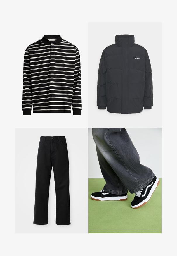 Black puffer jacket with a high collar, zip front, and elastic cuffs. Features a pocket and a small logo on the chest. Textured surface.; Long-sleeve polo shirt crafted from black fabric with white horizontal stripes, featuring a collar and three-button placket.; Black denim pants with a straight cut, featuring front pockets, a zip fly, and a single top button. Textured fabric with a matte finish.; Black and white sneakers with a textured upper, featuring a white logo and a gum rubber sole, paired with grey wide-leg jeans.