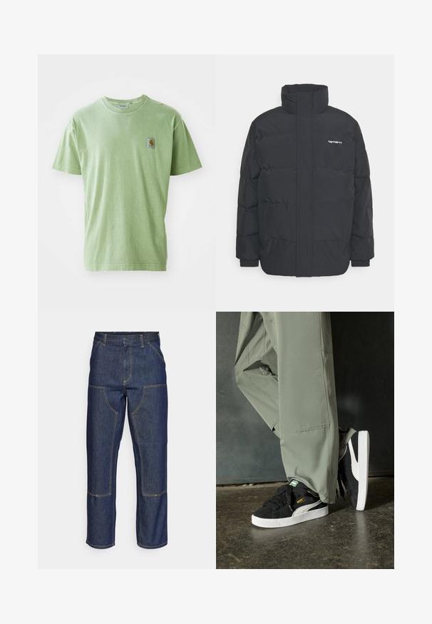 Jachetă puf black cu un guler înalt, închidere cu fermoar frontal și manșete elastice. Are un buzunar și un mic logo pe piept. Suprafață texturată.; Tricou din bumbac verde deschis, cu guler rotund, mâneci scurte și un mic patch pătrat al brandului pe pieptul stâng. Textură moale.; Jeans din denim albastru închis cu talie înaltă, design cu picior drept, cusături contrastante și buzunare cu clapă în față.; Adidași negri din piele întoarsă cu tălpi din cauciuc alb și dungi pe lateral, asortați cu pantaloni cargo verzi deschis, stând pe o suprafață texturată întunecată.