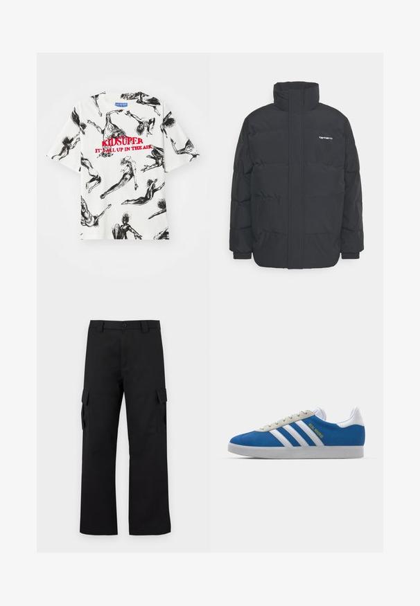 Juodas pūkinis švarkas su aukšta apykakle, užtrauktuku priekyje ir elastingomis rankovėmis. Yra kišenė ir mažas logotipas ant krūtinės. Tekstūruotas paviršius.; Balta trumpa rankovė T-marškiniai su juodu piešiniu, vaizduojančiu judančius figūras, o centre raudonais žodžiais „KIDSUPER IT'S ALL UP IN THE AIR“. ; Juodi cargo kelnės su tiesiu kojų dizainu. Pagamintos iš tvirto audinio, turi dvi šonines kišenes su užsegamais dangteliais ir mygtukų užtrauktuką.; adidas Originals ADIDAS GAZELLE SHOES - Salės futbolo bateliai - real madrid/bluebird/footwear white/crew yellow