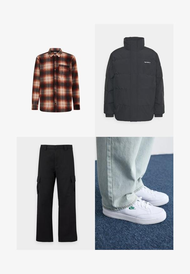 Črna puhasta jakna z visokim ovratnikom, z zadrgo spredaj in elastičnimi manšetami. Ima žep in majhen logotip na prsih. Teksturirana površina.; Rdeča in črna karirana flanel srajca z ovratnikom na gumb, dolgimi rokavi in sprednjim žepom. Mehka tekstura in kariran vzorec.; Črne cargo hlače s ravnim krojem. Narejene so iz trpežnega materiala in imajo dve stranski žepi s poklopcem ter gumbasto zaponko.; Bela usnjena športna obutev z zelenim Nike logotipom, okrogla konica, ravna podplat, v kombinaciji z svetlo modrimi kavbojkami, prikazana na modrem preprogu.