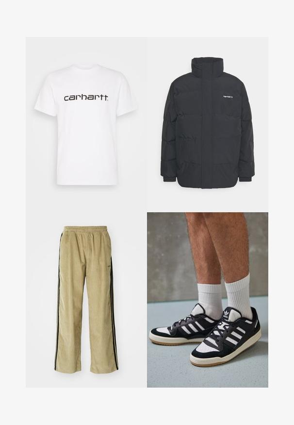 Fekete puffKabát magas nyakkal, cipzáros előlappal és rugalmas mandzsettával. Tartalmaz egy zsebet és egy kis logót a mellkason. Texturált felület.; Fehér pamut póló rövid ujjakkal és kerek nyakkivágással. Nagy, sötétbarna "carhartt" logó található a mellkason.; Beige kordbársony nadrág rugalmas derékkal, fekete oldalsávokkal. Az anyag bordás textúrájú, alul enyhén bővül.; Fekete-fehér tornacipők velúr és bőr felsőrésszel, három fehér csíkkal, perforált orral és gumi talppal.