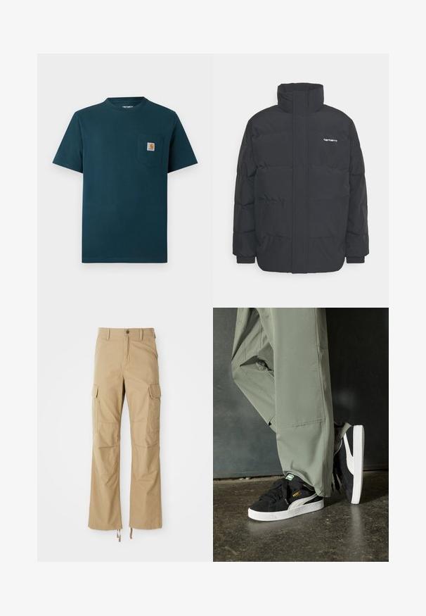 Sort pufferjakke med høj krave, lynlås foran og elastiske manchetter. Har en lomme og et lille logo på brystet. Tekstureret overflade.; Mørk teal kortærmet T-shirt med rund hals, med en brystlomme som har et lille Carhartt-logo patch.; Khaki cargo bukser lavet af slidstærkt stof, der har flere sidelommer, en lige ben-design og justerbare snore i kanten.; Sorte ruskinds sneakers med hvide gummisåler og sidestreger, parret med lysegrønne cargo bukser, stående på en struktureret mørk overflade.