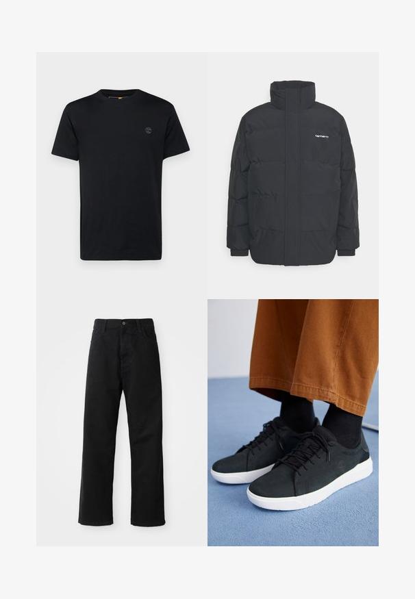 Chaqueta de plumas negra con cuello alto, cierre de cremallera frontal y puños elásticos. Cuenta con un bolsillo y un pequeño logo en el pecho. Superficie texturizada.; Camiseta de algodón negra con cuello redondo, mangas cortas y un pequeño logotipo bordado en el pecho. Textura suave, corte clásico.; Pantalones de mezclilla negros con corte recto, con bolsillos frontales, cremallera y un solo botón en la parte superior. Tejido texturizado con un acabado mate.; Zapatillas de ante negro con suelas de goma blanca, que presentan un diseño con cordones, acentos texturizados y una marca sutil, combinadas con pantalones marrones.