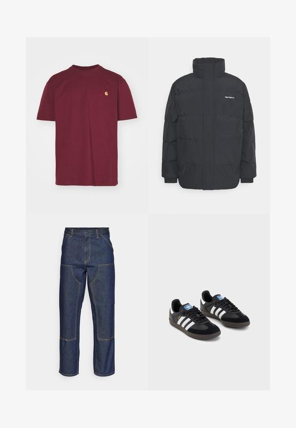 Črna puhasta jakna z visokim ovratnikom, z zadrgo spredaj in elastičnimi manšetami. Ima žep in majhen logotip na prsih. Teksturirana površina.; Carhartt WIP AMERICAN SCRIPT - Navadna majica - malbec; Temno modri kavbojke z visokim pasom, ravnim krojem, kontrastnim šivom in žepekami na sprednji strani.; Črne športne copate z zgornjim delom iz semiša in sintetičnih materialov, ki imajo tri bele črte, teksturiran gumijast podplat in modro označevalno oznako na jeziku.