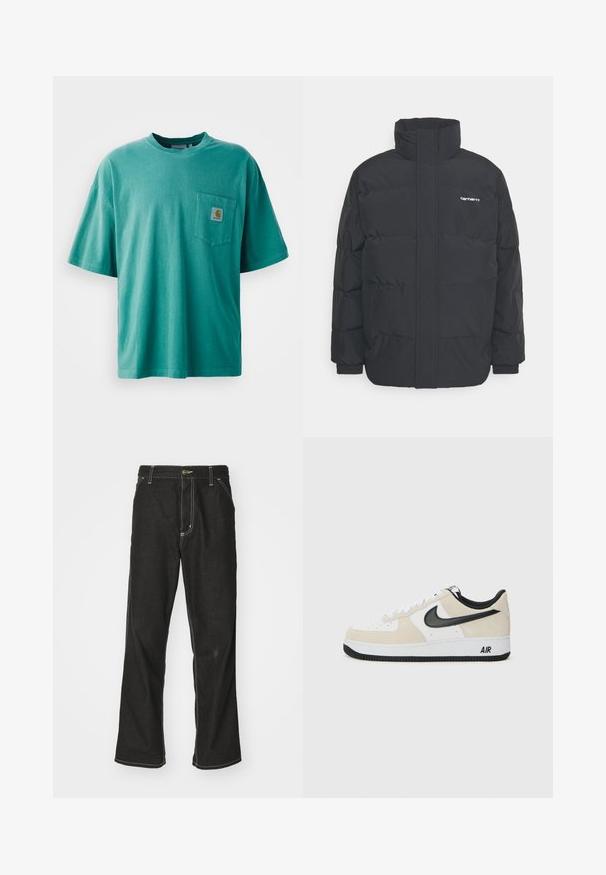 Casaco acolchoado preto com colarinho alto, fecho de correr à frente e punhos elásticos. Apresenta um bolso e um pequeno logótipo no peito. Superfície texturada.; T-shirt de algodão verde com decote redondo, mangas curtas e um bolso frontal com um patch de logotipo. Textura suave e corte descontraído.; Calças de ganga pretas de corte largo, com costuras brancas em contraste, fecho de botão e design de perna reta.; Sapatilhas com parte superior em camurça bege claro e couro branco, swoosh da Nike em preto, detalhes em preto e uma sola de borracha branca com a marca "AIR".