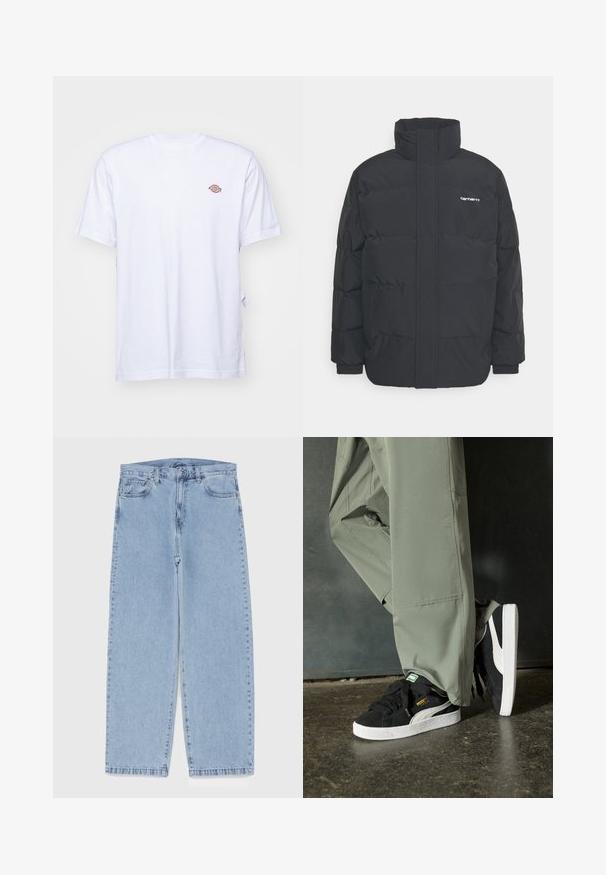 Črna puhasta jakna z visokim ovratnikom, z zadrgo spredaj in elastičnimi manšetami. Ima žep in majhen logotip na prsih. Teksturirana površina.; Bela bombažna majica s kratkimi rokavi in V-izrezom. Ima majhen barvni vezen logotip na levem prsnem delu. Mehka tekstura.; Svijetloplave traperice s ravnim nogavicama, srednjeg struka, pet džepova te zatvaranjem na gumb i munju.; Črne semšaste športne copate z belimi gumijastimi podplati in stranskimi črtami, v kombinaciji s svetlo zelenimi cargo hlačami, ki stojijo na teksturirani temni površini.
