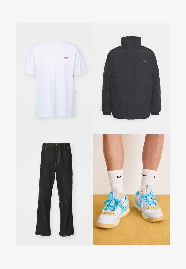 Chaqueta de plumas negra con cuello alto, cierre de cremallera frontal y puños elásticos. Cuenta con un bolsillo y un pequeño logo en el pecho. Superficie texturizada.; Camiseta de algodón blanca con cuello en V y mangas cortas. Presenta un pequeño logo bordado de colores en el lado izquierdo del pecho. Textura suave.; Jeans de mezclilla negra con un corte holgado, que cuentan con costuras blancas contrastantes, cierre de botón y un diseño de pierna recta.; Zapatillas azul claro con suelas marrón, que presentan cordones turquesa prominentes y acentos amarillos. Materiales texturizados y amortiguación de aire visible.