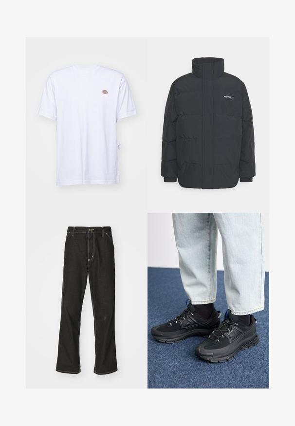 Casaco acolchoado preto com colarinho alto, fecho de correr à frente e punhos elásticos. Apresenta um bolso e um pequeno logótipo no peito. Superfície texturada.; T-shirt branca de algodão com decote em V e mangas curtas. Apresenta um pequeno logotipo bordado colorido no lado esquerdo do peito. Textura macia.; Calças de ganga pretas de corte largo, com costuras brancas em contraste, fecho de botão e design de perna reta.; Sapatilhas desportivas pretas com tecido texturizado e solas em borracha, apresentando atacadores elásticos e um detalhe azul no calcanhar. Usadas com calças de ganga claras.