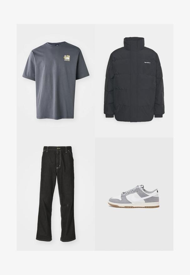 Schwarze Daunenjacke mit hohem Kragen, Reißverschluss vorne und elastischen Bündchen. Verfügt über eine Tasche und ein kleines Logo auf der Brust. Strukturiert Oberfläche.; Graues kurzärmeliges T-Shirt aus Baumwolle mit einem kleinen Blumenmotiv auf der Brust. Rundhalsausschnitt, weicher Stoff und lässige Passform.; Schwarze Denim-Jeans mit lockerer Passform, kontrastierenden weißen Nähten, einem Knopfverschluss und geradem Bein.; Nike-Sneaker verfügen über ein graues Wildleder- und weißes Lederoberteil mit Perforationen, runden Schnürsenkeln und einer Gummisohle für besseren Halt.