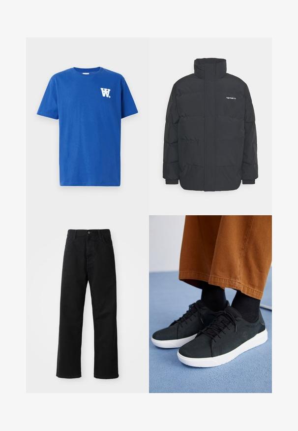 Jachetă puf black cu un guler înalt, închidere cu fermoar frontal și manșete elastice. Are un buzunar și un mic logo pe piept. Suprafață texturată.; Tricou din bumbac albastru cu guler rotund, mâneci scurte și un logo alb în zona stângă a pieptului. Textură moale și croială standard.; Pantaloni din denim negri cu croi drept, având buzunare frontale, fermoar și un singur buton la partea superioară. Țesătură texturată cu un finisaj mat.; Adidași negri din suede cu talpă din cauciuc albă, cu un design cu șireturi, accente texturate și branding subtil, asortați cu pantaloni maro.