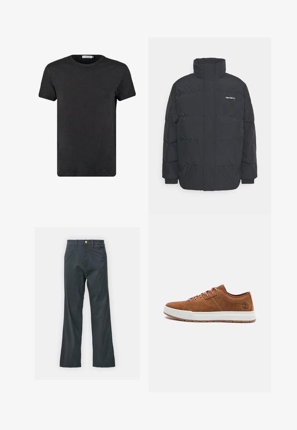 Casaco acolchoado preto com colarinho alto, fecho de correr à frente e punhos elásticos. Apresenta um bolso e um pequeno logótipo no peito. Superfície texturada.; T-shirt de algodão preto com decote redondo e mangas curtas. O tecido tem uma textura suave e não apresenta padrões ou detalhes. Corte regular.; Calças pretas com corte reto, feitas de um tecido em mistura de algodão. Apresenta um fecho com botão metálico e bolsos laterais. Sem padrões visíveis.; Ténis de camurça castanho com sola de borracha branca, bico redondo, seis ilhós metálicos e detalhe de logotipo em relevo na lateral. Design clássico com atacadores.