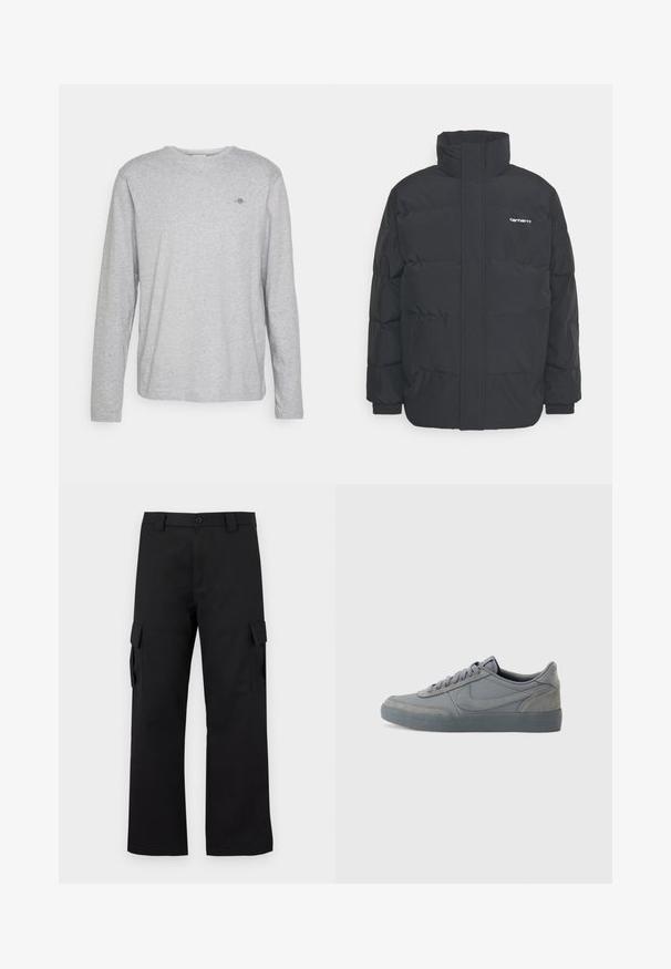 Czarna kurtka puchowa z wysoką kołnierzem, zamkiem z przodu i elastycznymi mankietami. Posiada kieszeń oraz małe logo na piersi. Teksturowana powierzchnia.; Szara bawełniana koszulka z długim rękawem, z okrągłym dekoltem i małym wyszywanym logo na piersi. Miękka tekstura i luźny krój.; Czarne spodnie cargo o prostym kroju. Wykonane z trwałej tkaniny, posiadają dwie boczne kieszenie z klapkami oraz zapięcie na guzik.; Szare zamszowe sneakersy z gładką skórzaną cholewką, posiadające teksturowaną gumową podeszwę i klasyczny design na sznurówki. Charakterystyczne logo w kształcie łyżwy po boku.