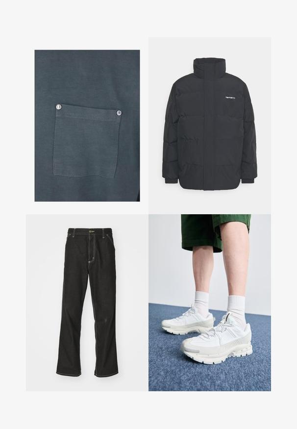 Giacca puffa nera con colletto alto, chiusura con zip frontale e polsini elastici. Presenta una tasca e un piccolo logo sul petto. Superficie testurizzata.; Maglietta in cotone grigio scuro con taschino sul petto dotato di un pulsante a pressione argentato e una texture liscia. I dettagli delle cuciture sono visibili attorno alla tasca.; Jeans in denim nero con una vestibilità ampia, caratterizzati da cuciture bianche a contrasto, chiusura a bottone e un design a gamba dritta.; Scarpe da ginnastica bianche con sovrapposizioni testurizzate, suola spessa e accenti grigi. Indossate con calze corte bianche e pantaloni corti verdi su una superficie blu.