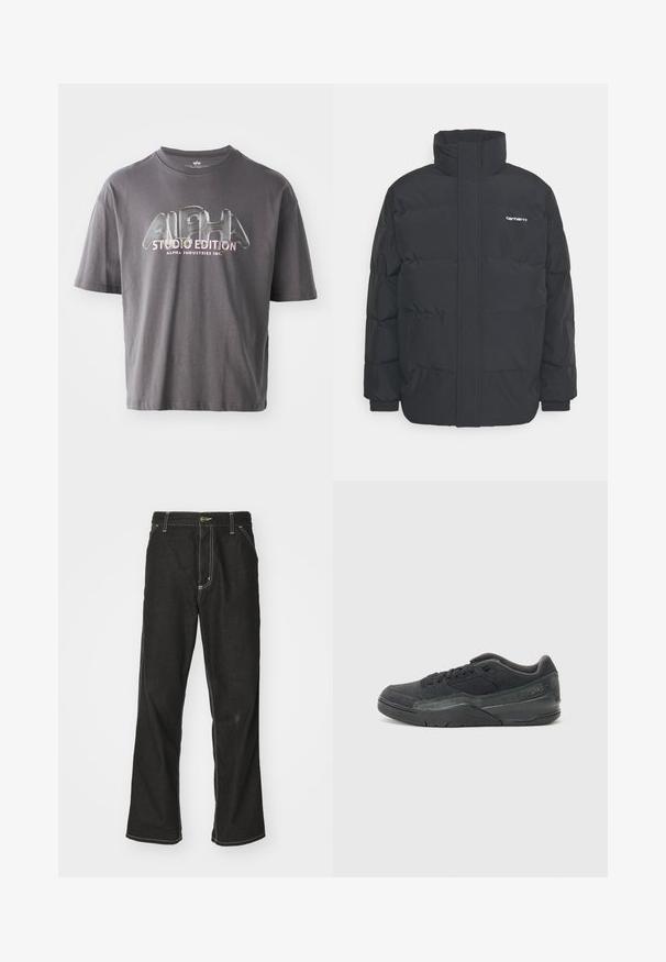 Crna puffer jakna s visokim ovratnikom, prednjim zatvaračem i elastičnim manžetama. Ima džep i mali logo na prsima. Teksturalna površina.; Siva pamučna majica kratkih rukava s sjajnim logotipom "ALPHA STUDIO EDITION" u višebojnom pismu smještenim u sredini prednje strane.; Crne traperice s opuštenim krojem, s kontrastnim bijelim šavovima, zakovicom za zatvaranje i ravnim nogavicama.; Crne suede tenisice s teksturiranim mrežastim panelom, gumenim potplatom, podstavljenim ovratnikom i toniranim šavovima, dizajnirane za udobnost i potporu.