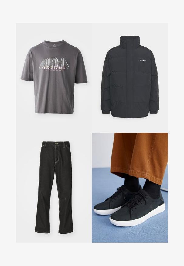 Black puffer jacket with a high collar, zip front, and elastic cuffs. Features a pocket and a small logo on the chest. Textured surface.; Gray cotton t-shirt with short sleeves, featuring a glossy "ALPHA STUDIO EDITION" logo in multicolored lettering centered on the front.; Black denim jeans with a loose fit, featuring contrasting white stitching, a button closure, and a straight leg design.; Black suede sneakers with white rubber soles, featuring lace-up design, textured accents, and subtle branding, paired with brown pants.