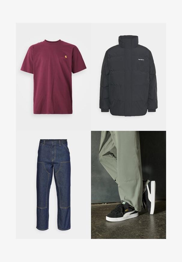 Chaqueta de plumas negra con cuello alto, cierre de cremallera frontal y puños elásticos. Cuenta con un bolsillo y un pequeño logo en el pecho. Superficie texturizada.; Camiseta de algodón burdeos con mangas cortas y escote redondeado. Presenta un logo bordado en dorado en el pecho. Diseño liso.; Jeans de mezclilla azul oscuro con cintura alta, diseño de pierna recta, costuras contrastantes y bolsillos de parche en la parte delantera.; Zapatillas de ante negras con suelas de goma blancas y rayas laterales, combinadas con pantalones cargo verde claro, de pie sobre una superficie oscura texturizada.