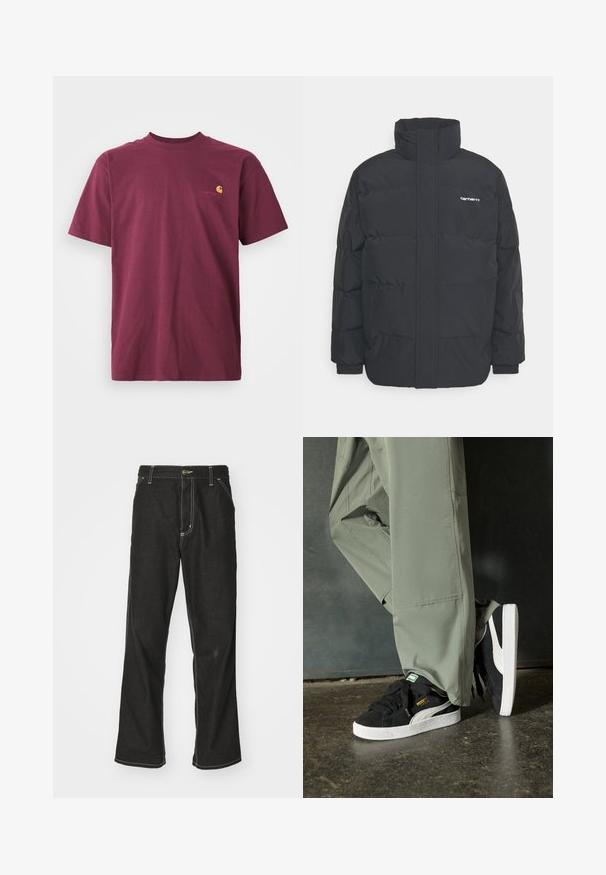 Musta puhvijaakku korkealla kauluksella, vetoketjukiinnitys edessä ja joustavat hihansuut. Varustettu taskulla ja pienellä logolla rintakehässä. Rakeinen pinta.; Burgundin värinen puuvillapaita, jossa on lyhyet hihat ja pyöreä pääntie. Rintataskussa on kultainen brodeerattu logo. Yksinkertainen muotoilu.; Mustat farkut, joissa on löysä istuvuus, erottuva valkoinen ompelu, nappikiinnitys ja suora lahje.; Mustat mokkakengät, joissa on valkoiset kumipohjat ja sivuraitoja, yhdistettynä vaaleanvihreisiin cargo-housuihin, seisoen tummalla teksturoidulla pinnalla.