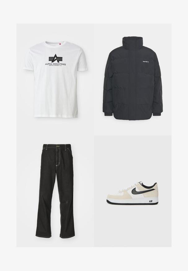 Svart pufferjacka med hög krage, dragkedja framtill och elastiska muddar. Har en ficka och en liten logotyp på bröstet. Texturerad yta.; Vit bomullströja med en svart grafisk logotyp som har ett "A" och två horisontella stripes, märkt "Alpha Industries" och med platsinformation nedanför.; Svarta denimjeans med en lös passform, med kontrasterande vita sömmar, knäppning och raka ben.; Sneakers med en ljus beige mocka och vit läderöverdela, svart Nike swoosh, svarta detaljer och en vit gummisula med "AIR"-branding.