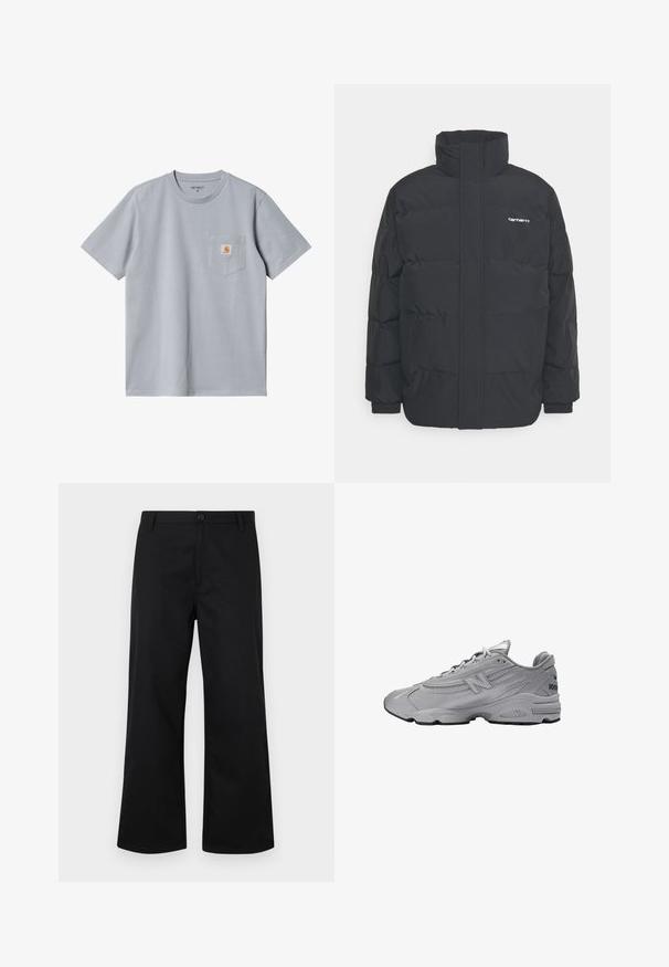 Chaqueta de plumas negra con cuello alto, cierre de cremallera frontal y puños elásticos. Cuenta con un bolsillo y un pequeño logo en el pecho. Superficie texturizada.; Camiseta de algodón gris con mangas cortas, cuello redondo y un bolsillo en el pecho que presenta un pequeño parche de logo naranja. Textura suave, diseño casual.; Pantalones negros de pierna ancha, fabricados en tela suave. Cuenta con un cierre frontal de botón y una cinturilla estándar. Diseño minimalista, sin patrones visibles.; Zapatilla deportiva gris con un diseño elegante, parte superior de malla y sintético, suela acolchada, acentos texturizados y un logo en el lateral.