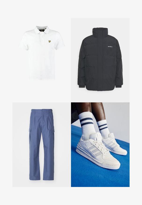 Schwarze Daunenjacke mit hohem Kragen, Reißverschluss vorne und elastischen Bündchen. Verfügt über eine Tasche und ein kleines Logo auf der Brust. Strukturiert Oberfläche.; Weißes Poloshirt aus Baumwolle mit einer Knopfleiste aus drei Knöpfen, kurzen Ärmeln und einem kleinen gelben Logo auf der linken Brust.; Blaue Cargo-Hosen aus strukturiertem Material, mit Seitentaschen, einem Knopfverschluss und einem geraden BeinDesign.; Weiße Leder-Sneaker mit perforierten Akzenten, drei metallischen Streifen und einem strukturierten Seitenpaneel. Getragen mit weißen Socken mit blauen Streifen.