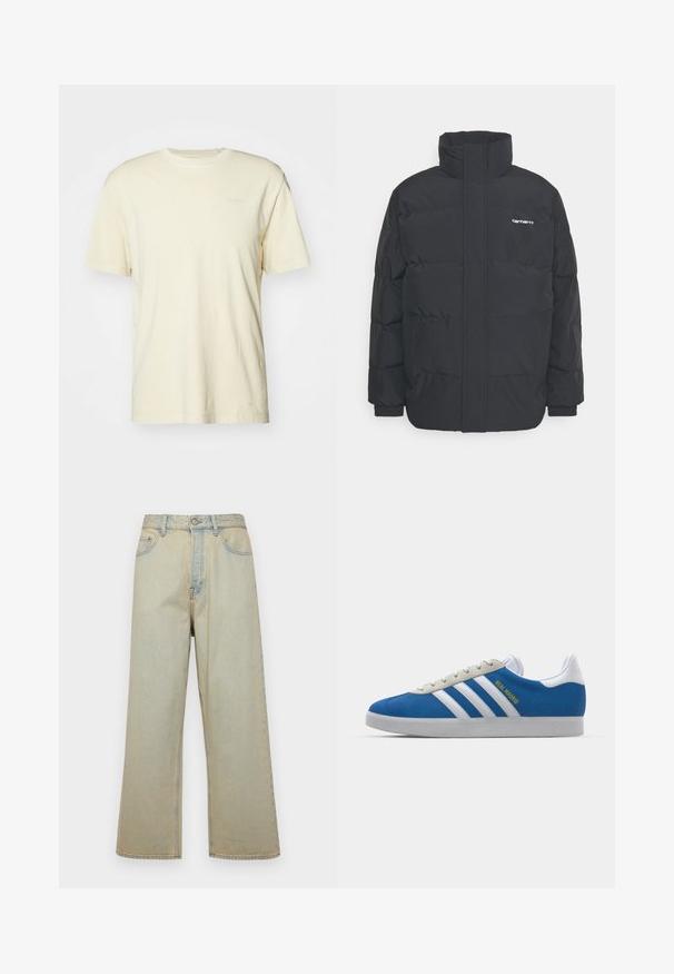 Čierna puffová bunda s vysokým golierom, zipom vpredu a elastickými manžetami. Obsahuje vrecko a malé logo na hrudi. Textúrovaný povrch.; Krátky rukáv krémového trička vyrobeného z jemnej bavlny, s okrúhlym výstrihom a malým logom potlačeným v svetlej farbe na hrudi.; Svetlomodré široké džínsy vyrobené z denimu s vyblednutým povrchom. Obsahujú päť vreciek a predné zapínanie na gombík.; adidas Originals ADIDAS GAZELLE SHOES - Halové kopačky - real madrid/bluebird/footwear white/crew yellow