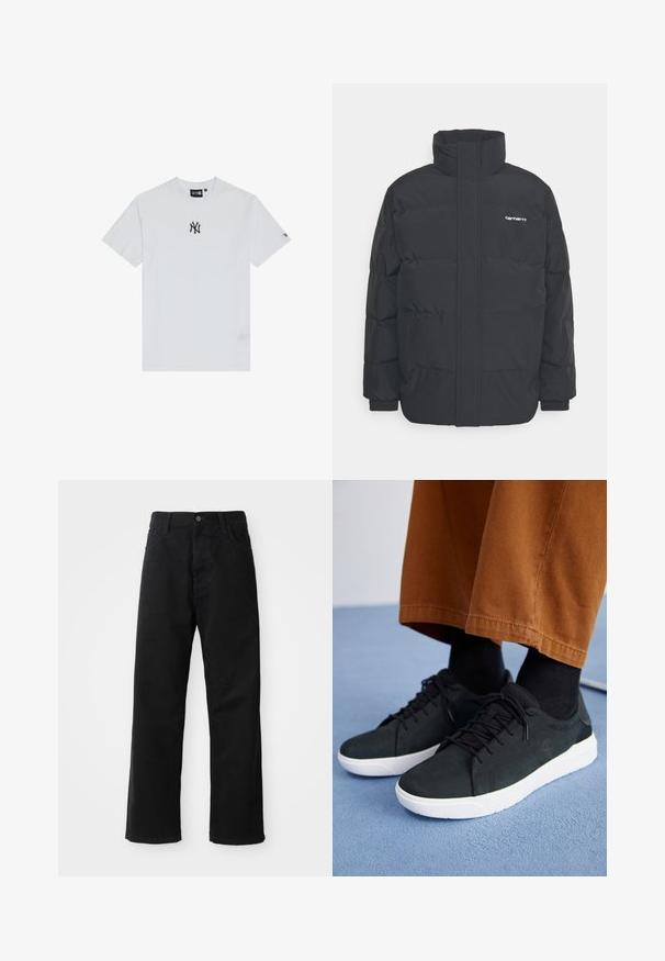 Musta puhvijaakku korkealla kauluksella, vetoketjukiinnitys edessä ja joustavat hihansuut. Varustettu taskulla ja pienellä logolla rintakehässä. Rakeinen pinta.; Valkoinen puuvillapaita, jossa on musta logo rinnassa, pyöreä kaula-aukko ja lyhyet hihat. Yksinkertainen muotoilu, jossa on minimaalista yksityiskohtaisuutta.; Musta farkkushortsit suoran leikkauksen kanssa, joissa on etutaskut, vetoketjuläppä ja yksi yläpainike. Rakenteellinen kangas matta pinnalla.; Musta mokkanahkakengät valkoisilla kumipohjilla, joissa on nauhakiinnitys, teksturoituja yksityiskohtia ja huomaamatonta brändäystä, yhdistettynä ruskeisiin housuihin.