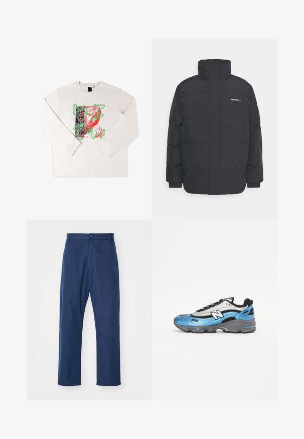 Čierna puffová bunda s vysokým golierom, zipom vpredu a elastickými manžetami. Obsahuje vrecko a malé logo na hrudi. Textúrovaný povrch.; Biele tričko s dlhým rukávom s grafickým potlačou s červenými a zelenými akcentmi, abstraktný dizajn a čiernym vzorovaným pozadím.; Námornícke modré, rovné nohavice vyrobené z bavlny. Disponujú predným zapínaním na gombík a jemnou textúrou, s bočnými vreckami a pútkami na opasok.; Modré a strieborné športové tenisky s sieťovinou a syntetickými materiálmi, so silnou šedou podrážkou a výraznými čiernymi akcentmi. Modelové číslo 1000 je viditeľné.