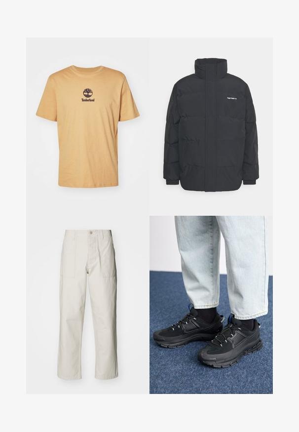 Juodas pūkinis švarkas su aukšta apykakle, užtrauktuku priekyje ir elastingomis rankovėmis. Yra kišenė ir mažas logotipas ant krūtinės. Tekstūruotas paviršius.; Šviesiai geltona medvilninė marškinėlių su apvaliu kaklu, ant kurių užrašytas tamsus medžio logotipas ir žodis "Timberland" centre po juo. Trumpomis rankovėmis ir laisvu siluetu.; Šviesiai pilki plačius kelnes, pagamintas iš medvilnės. Yra priekinės kišenės ir mygtuko uždarymas. Lygus paviršius su subtiliomis vertikaliomis linijomis.; Juodi sportiniai bateliai su tekstūruota medžiaga ir guminiais padais, su elastingomis raišteliais ir mėlynu akcentu ant kulno. Dėvimi su šviesiai mėlynomis džinsinėmis kelnėmis.