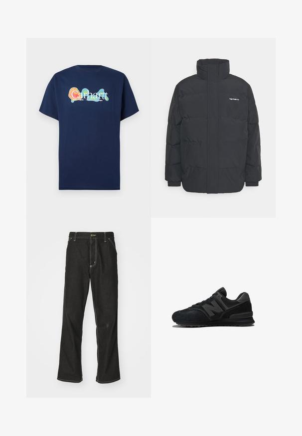 Zwarte pufferjas met een hoge kraag, rits aan de voorkant en elastische manchetten. Bevat een zak en een klein logo op de borst. Getextureerd oppervlak.; Marineblauwe T-shirt met korte mouwen gemaakt van katoen. Heeft in het midden een kleurrijk graphic logo "Carhartt" met een gloei-effect.; Zwarte denim jeans met een losse pasvorm, voorzien van contrasterende witte stiksels, een knoopsluiting en een recht ontwerp.; Zwarte sneaker met een bovenwerk van suede en mesh, een dikke zool en een opvallend 'N'-logo op de zijkant. Heeft een gestructureerd ontwerp met veter sluiting.