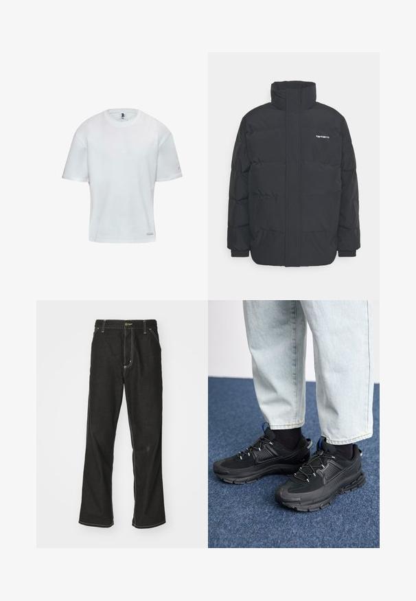 Chaqueta de plumas negra con cuello alto, cierre de cremallera frontal y puños elásticos. Cuenta con un bolsillo y un pequeño logo en el pecho. Superficie texturizada.; Camiseta de algodón blanca con cuello redondo y mangas cortas. Corte recto con un pequeño logotipo en el lateral. Textura suave.; Jeans de mezclilla negra con un corte holgado, que cuentan con costuras blancas contrastantes, cierre de botón y un diseño de pierna recta.; Zapatillas deportivas negras con tejido texturizado y suelas de goma, con cordones elásticos y un acento azul en el talón. Combinadas con pantalones de mezclilla claros.