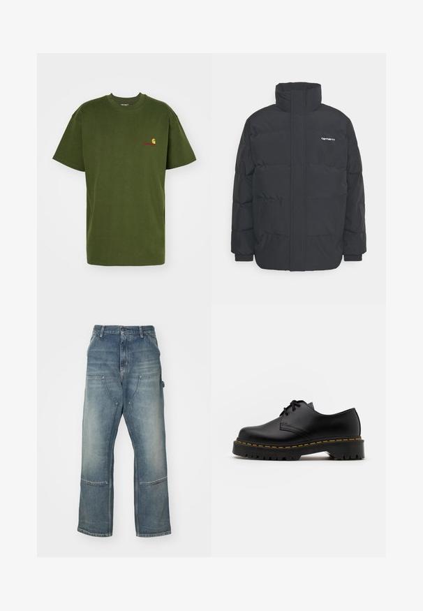 Černá zimní bunda s vysokým límcem, zipem vpředu a elastickými manžetami. Má kapsu a malé logo na hrudi. Texturovaný povrch.; Carhartt WIP AMERICAN SCRIPT - Jednoduché tričko - tarragon; Světlé modré džíny v uvolněném střihu, vyrobené z denimu. Mají široké nohavice, velké přední kapsy a kontrastní stehy.; Černá kůže šněrovací boty s kulatou špičkou, texturovanou gumovou podrážkou a žlutým prošíváním kolem základny. Plný design a hladký povrch.