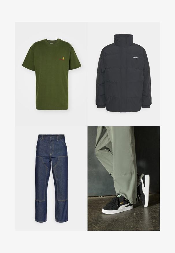 Black puffer jacket with a high collar, zip front, and elastic cuffs. Features a pocket and a small logo on the chest. Textured surface.; Carhartt WIP AMERICAN SCRIPT - Basic T-shirt - tarragon; Dark blue denim jeans with a high waist, straight leg design, contrasting stitching, and patch pockets on the front.; Black suede sneakers with white rubber soles and side stripes, paired with light green cargo pants, standing on a textured dark surface.