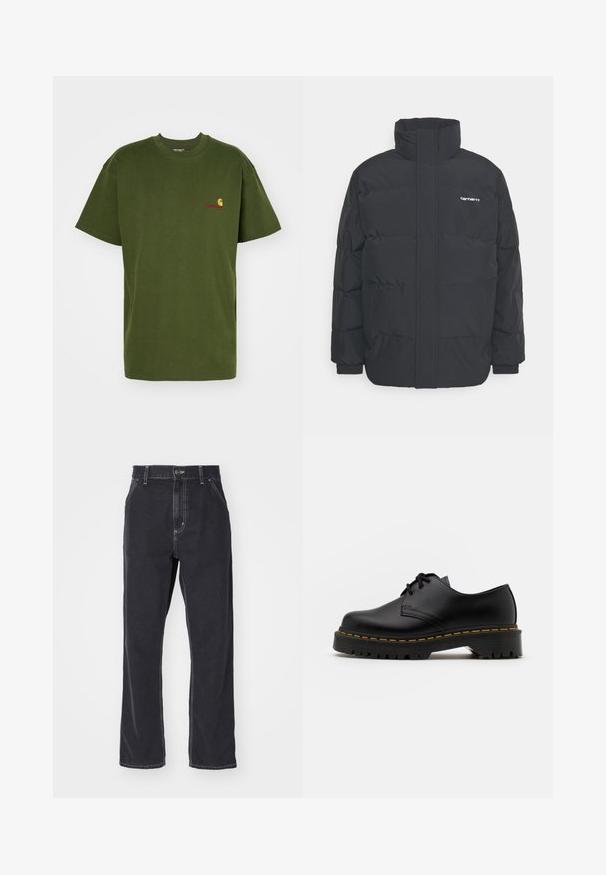 Jachetă puf black cu un guler înalt, închidere cu fermoar frontal și manșete elastice. Are un buzunar și un mic logo pe piept. Suprafață texturată.; Carhartt WIP AMERICAN SCRIPT - Tricou basic - tarragon; Jeans negri din denim cu croi drept, având un fermoar la brâu, cinci buzunare și cusături în contrast de-a lungul cusăturilor.; Pantof black din piele, cu sireturi, cu vârf rotund, talpă din cauciuc texturat și cusături galbene în jurul bazei. Design plat și finisaj neted.