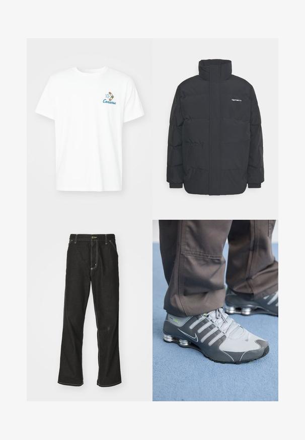 Svart pufferjacka med hög krage, dragkedja framtill och elastiska muddar. Har en ficka och en liten logotyp på bröstet. Texturerad yta.; Vit bomulls t-shirt med korta ärmar och rund halsringning, med en blå broderad "Converse"-logotyp och en design av en sneaker och stjärna.; Svarta denimjeans med en lös passform, med kontrasterande vita sömmar, knäppning och raka ben.; Grå och silver Nike Shox-sneakers har en elegant design, med mesh och syntetiska material, en rund tå och en vadderad krage.