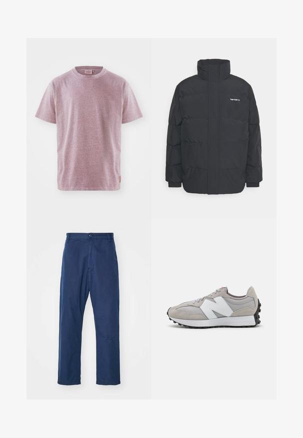 Melnā pūkainā jaka ar augstu apkakli, rāvējslēdzēja priekšpusi un elastīgām piedurknēm. Iespējama kabata un neliels logo uz krūtīm. Strukturēta virsma.; Īsām piedurknēm t-krekls no melnā rozā auduma, apaļa kakla izgriezums, ar mazu logo uzšuvumu apakšmalā. Mīksta tekstūra.; Jūras zilas, taisnas kājas bikses, izgatavotas no kokvilnas. Tām ir priekšējā pogu aizdare un smalks tekstūra, kā arī sānu kabatas un jostas cilpas.; Pelēki sporta apavi ar acu un zamšāda materiāliem, ar baltu sānu logo, pelēkām šņorēm un melnu gumijas zoli.