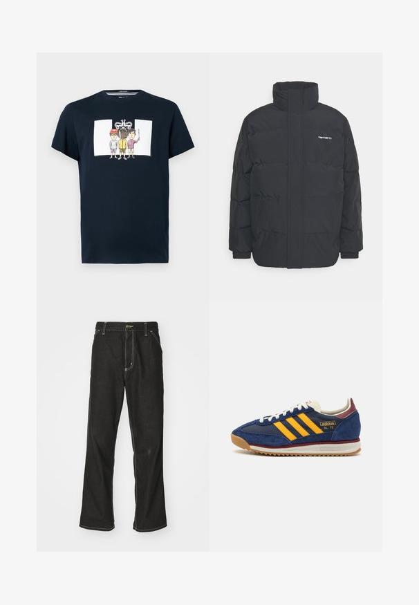 Mustam varrukas jope kõrge kaelusega, vipptõmblusega ja elastsete mansettidega. Omaduseks on tasku ja väike logo rinnal. Tekstuuritud pind.; Tumesinine puuvillane T-särk, mille esiküljel on kolmest koomiksikujutisest koosnev graafika ja kuningakujundus sõnaga "RAHA." Lühikesed varrukad, ümar kaelus.; Mustadest denimist püksid, lahtise lõikega, kontrastsete valgete õmblustega, nööbiga kinnitamine ja sirge säär.; Tumed sametist tenniset kollaste triipudega, valgete paeltega ja burgeoone aktsentidega. Tekstureeritud tallal on sooned haardeks. Brändi logo küljel.