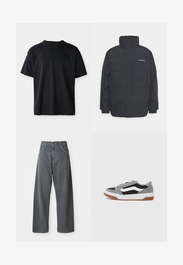 Juodas pūkinis švarkas su aukšta apykakle, užtrauktuku priekyje ir elastingomis rankovėmis. Yra kišenė ir mažas logotipas ant krūtinės. Tekstūruotas paviršius.; Juodas apvalaus kaklo marškinėliai, pagaminti iš medvilnės. Trumpomis rankovėmis, standartinio kirpimo, be matomų raštų, minimalistiško dizaino su subtiliu logotipo detaliu.; Pilkos džinsinio audinio plačios kojos kelnės su aukštu liemeniu, su priekinėmis kišenėmis, juostos kilpomis ir sagtele liemens srityje.; Pilki ir juodi zomšiniai sportbačiai su baltais akcentais ir guminiu padu, turintys apvalų pirštą ir raištelių dizainą.